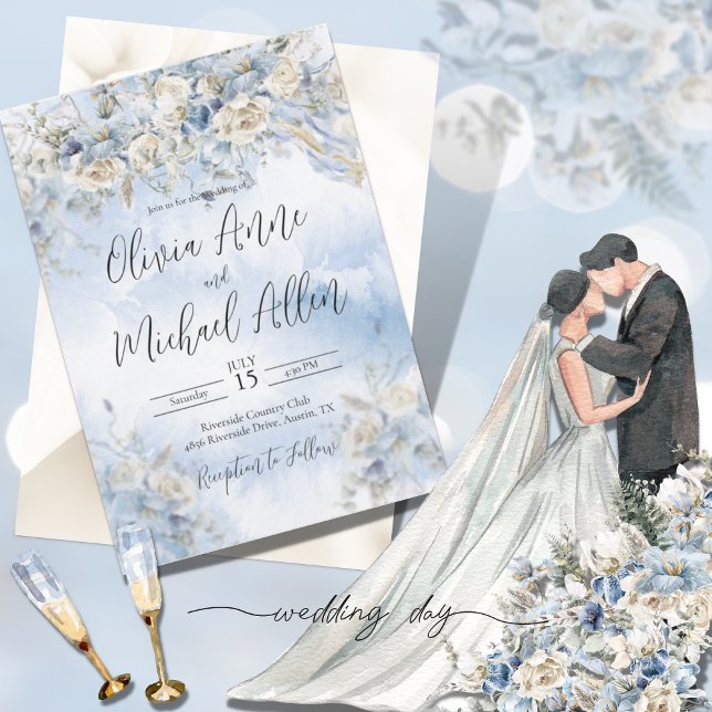 Dusty Blue Floral Watercolor Script Wedding Invitation (Creator Uploaded)