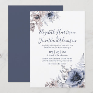 Dusty Blue Floral Watercolor Slate Blue Wedding Invitation