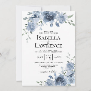 Dusty Blue Floral Watercolor Wedding Invitation