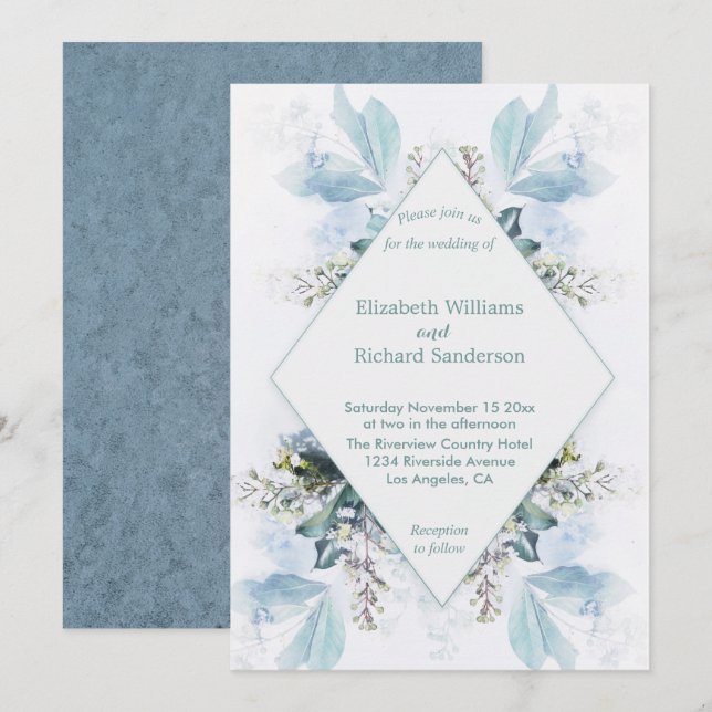 Dusty Blue Floral Watercolor Wedding Invitation (Front/Back)