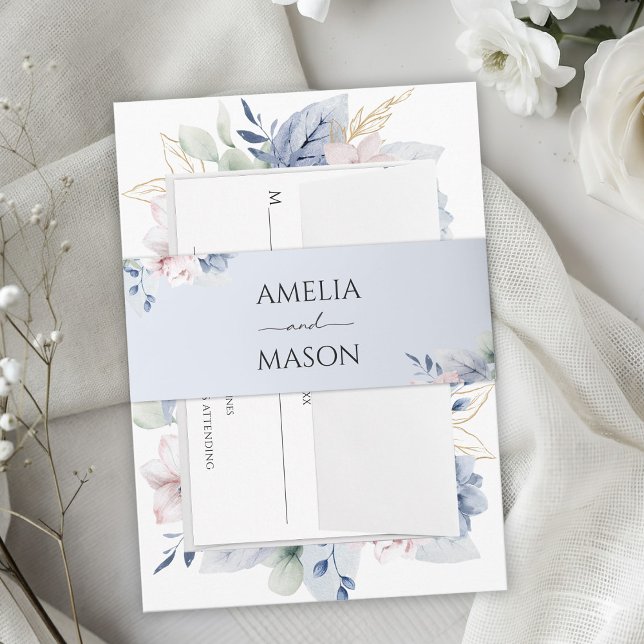 Dusty Blue Floral Watercolor Wedding Invitation Belly Band (Dusty Blue Floral Watercolor Wedding Invitation Belly Band)