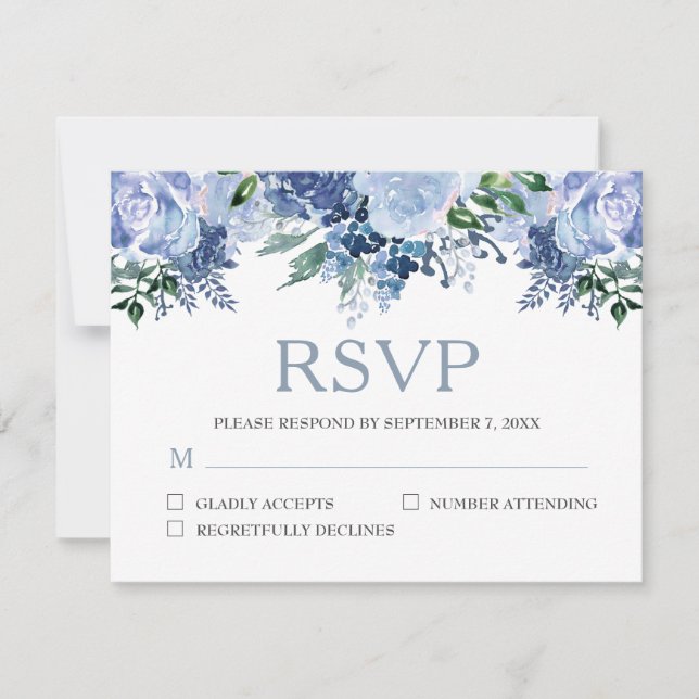 Dusty Blue Floral Watercolor Wedding RSVP Card (Front)
