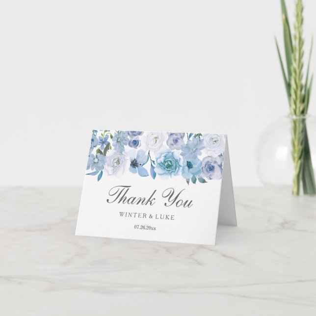 Dusty Blue Floral Watercolor Wedding Thank You Card (Front)
