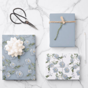 Dusty Blue Floral watercolor Wrapping Paper Sheet