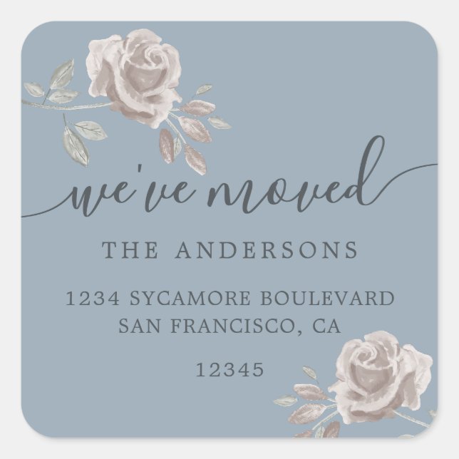 Dusty Blue Floral We’ve Moved New Address Square Sticker (Front)