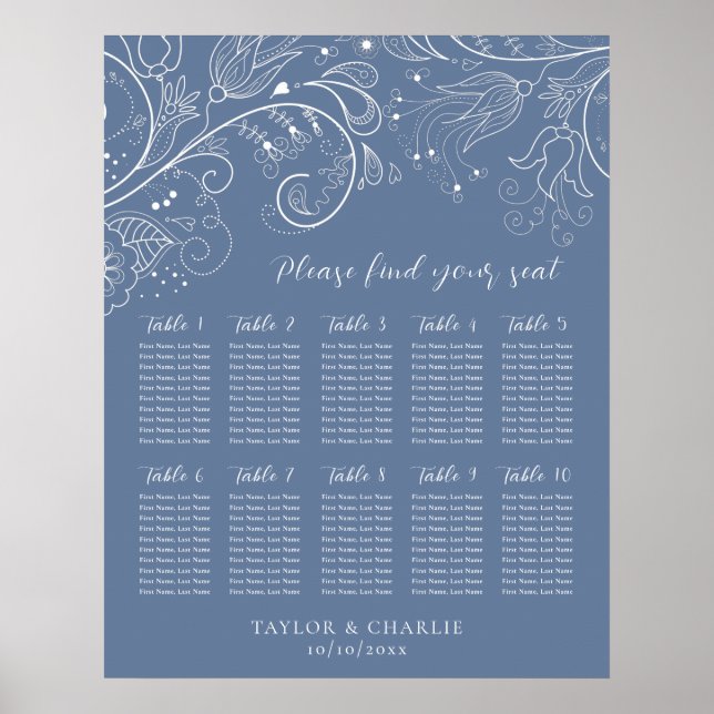Dusty Blue Floral Wedding 10 Tables Seating Chart (Front)