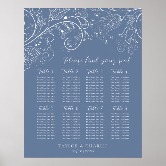 Dusty Blue Floral Wedding 8 Tables Seating Chart (Front)
