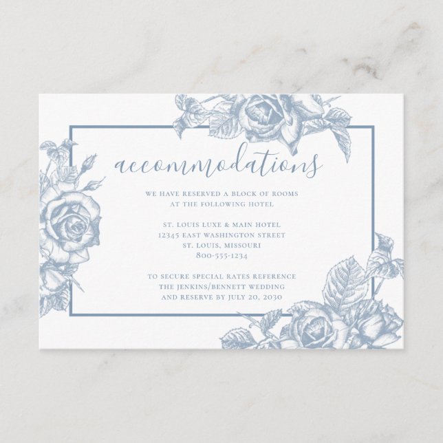 Dusty Blue Floral Wedding Accommodations Enclosure Card (Front)