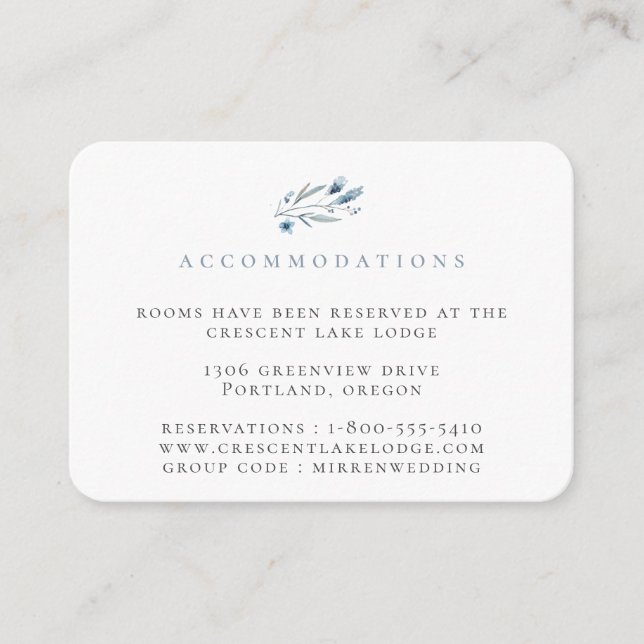 Dusty Blue Floral Wedding Accommodations Enclosure Card (Front)