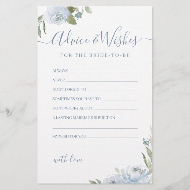 Dusty blue floral wedding advice & wishes card (Front)