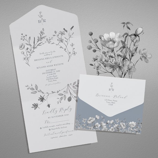 Dusty Blue Floral Wedding All-in-One All In One Invitation (Creator Uploaded)