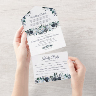 Dusty Blue Floral Wedding All In One Invitatio All In One Invitation