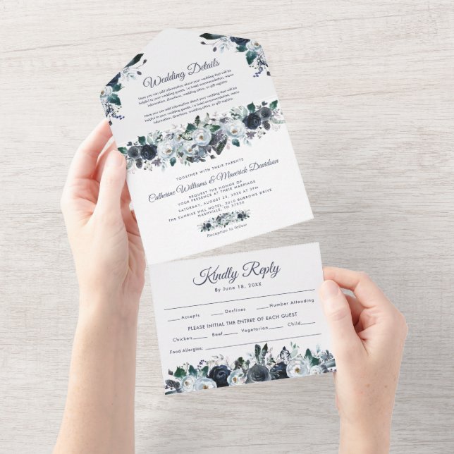 Dusty Blue Floral Wedding All In One Invitatio Invitation (Tearaway)