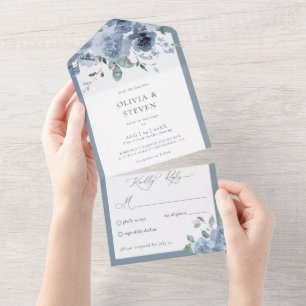 Dusty Blue Floral Wedding All In One Invitation