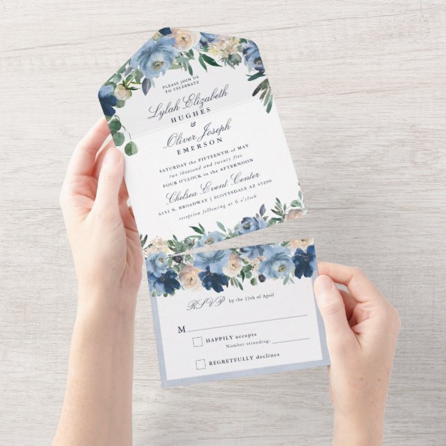 Dusty Blue Floral Wedding All In One Invitation (Tearaway)