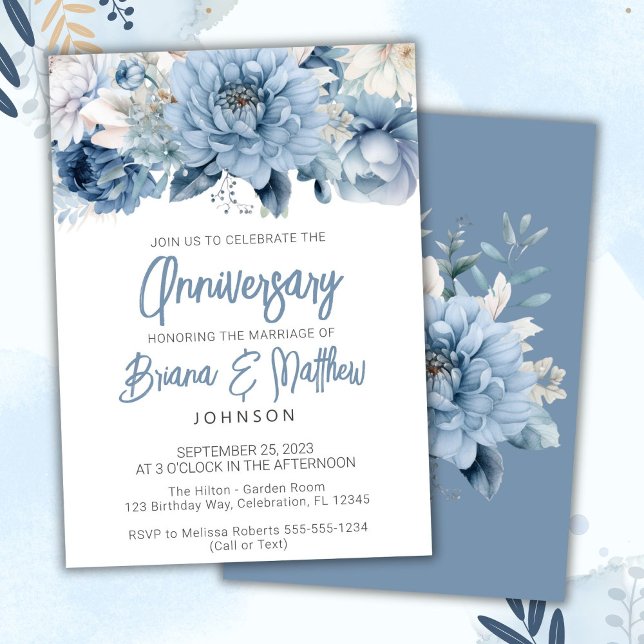 Dusty Blue Floral Wedding Anniversary  Invitation (Creator Uploaded)