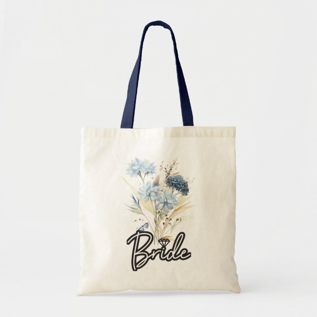 Dusty Blue Floral  Wedding Bride Tote Bag (Front)