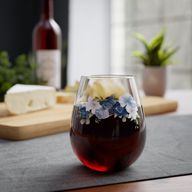 Dusty Blue Floral Wedding Bridesmaid Favour Stemless Wine Glass (Dusty Blue Floral Script Bridesmaid Gift Stemless Wine Glass)