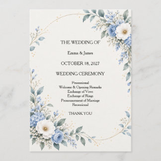 Dusty Blue Floral Wedding Ceremony Program Card