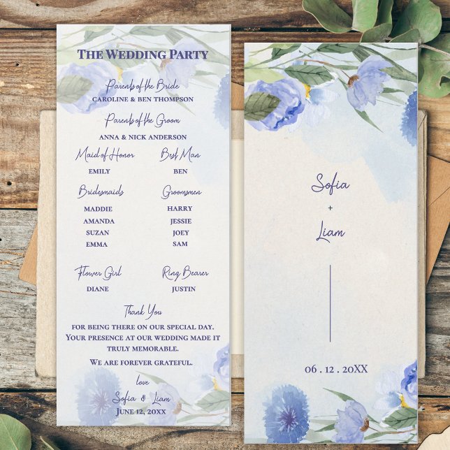Dusty Blue Floral Wedding Ceremony Program Invitation (Dusty Blue Watercolor Floral Wedding Program Card | Elegant Blue Botanical Ceremony Order of Events )