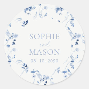 Dusty Blue Floral Wedding Classic Round Sticker