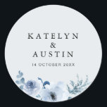 dusty blue floral wedding classic round sticker<br><div class="desc">A simple design with a dusty blue background colour and watercolor blue flowers. The text details and colours can be edited.</div>