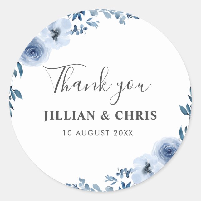 dusty blue floral wedding classic round sticker (Front)