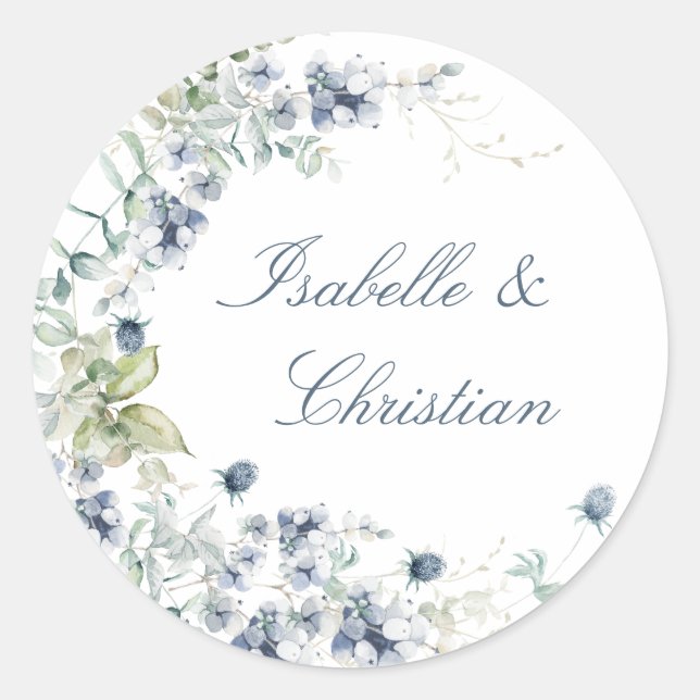 Dusty Blue Floral Wedding  Classic Round Sticker (Front)