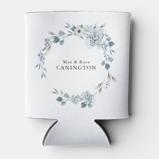 Dusty Blue Floral Wedding Custom  Can Cooler (Front)