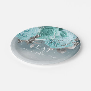 Dusty Blue Floral Wedding Eat Cake Paper Plate