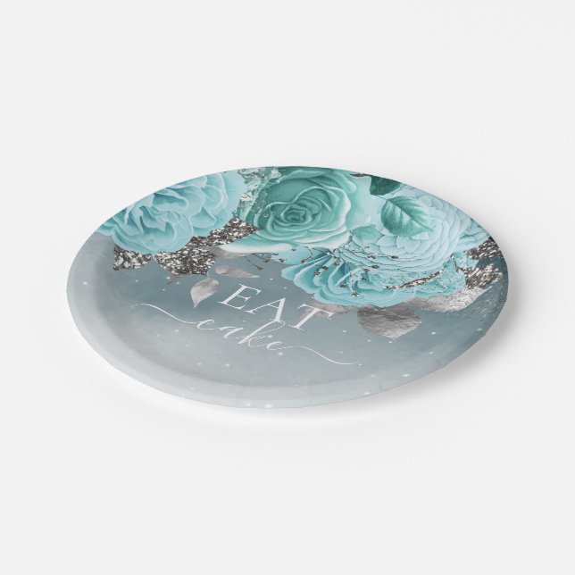 Dusty Blue Floral Wedding Eat Cake Paper Plate (Angled)
