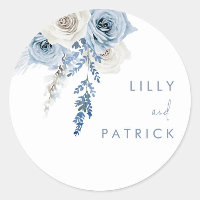 Dusty Blue Floral Wedding Envelope Seal Sticker (Front)