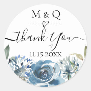 Dusty Blue Floral Wedding Favour Thank You Classic Round Sticker