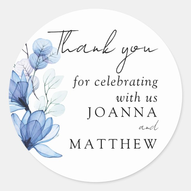 Dusty Blue Floral Wedding Favour Thank You Classic Round Sticker (Front)
