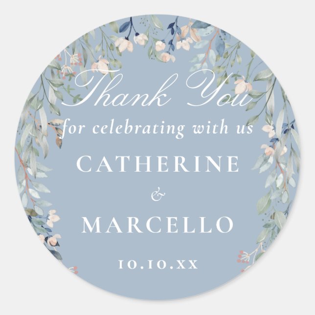Dusty Blue Floral Wedding Favour Thank You Classic Round Sticker (Front)