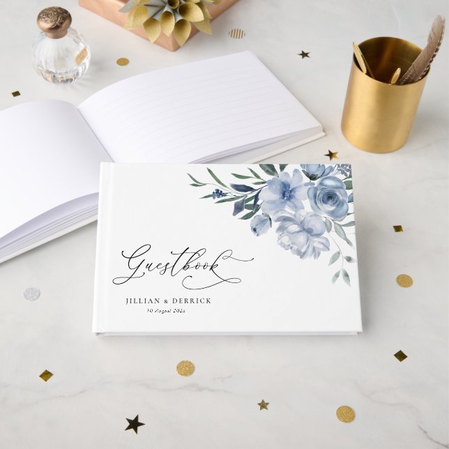 dusty blue floral wedding guest book (Front Open)