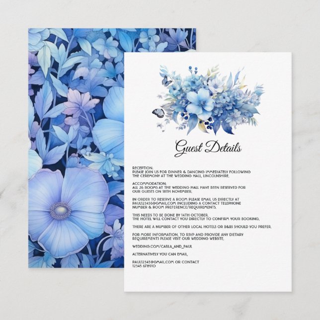 Dusty Blue Floral Wedding Guest Details Enclosure Card (Front/Back)
