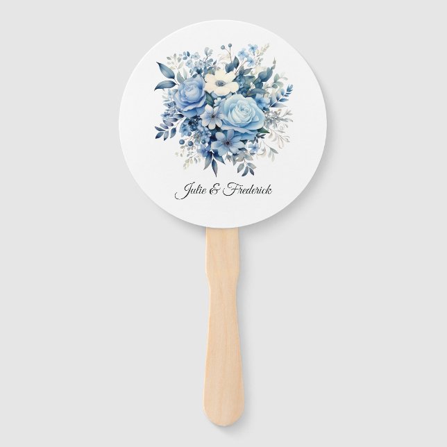 Dusty Blue Floral Wedding Hand Fan (Front)