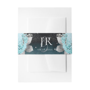 Dusty Blue Floral Wedding Initials Invitation Belly Band