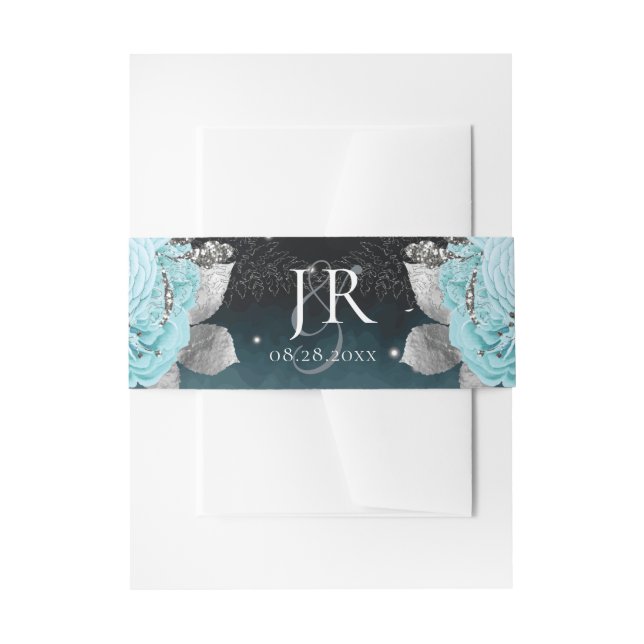 Dusty Blue Floral Wedding Initials Invitation Belly Band (Front Example)