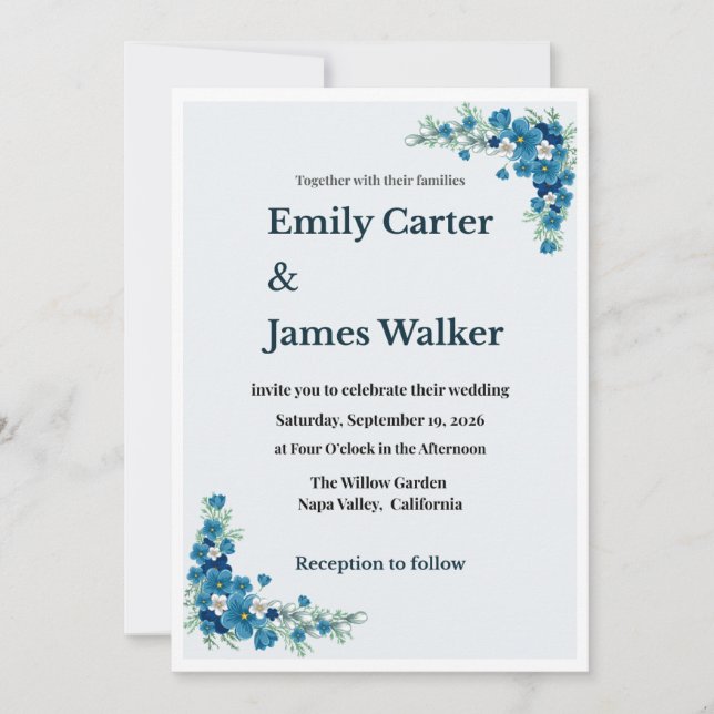 Dusty Blue Floral Wedding Invitation (Front)