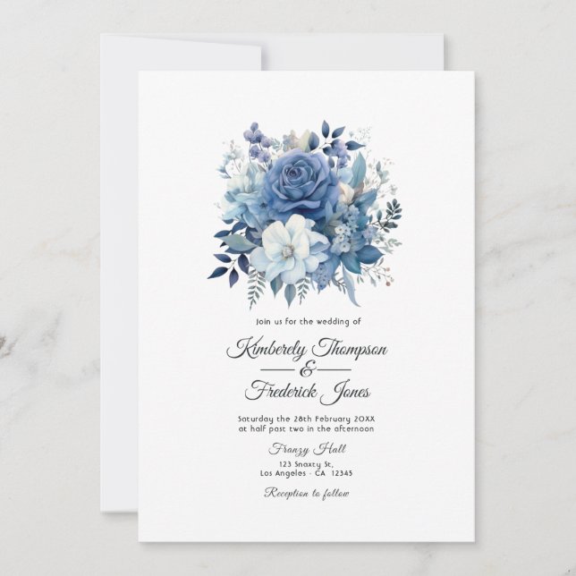 Dusty Blue Floral Wedding Invitation (Front)