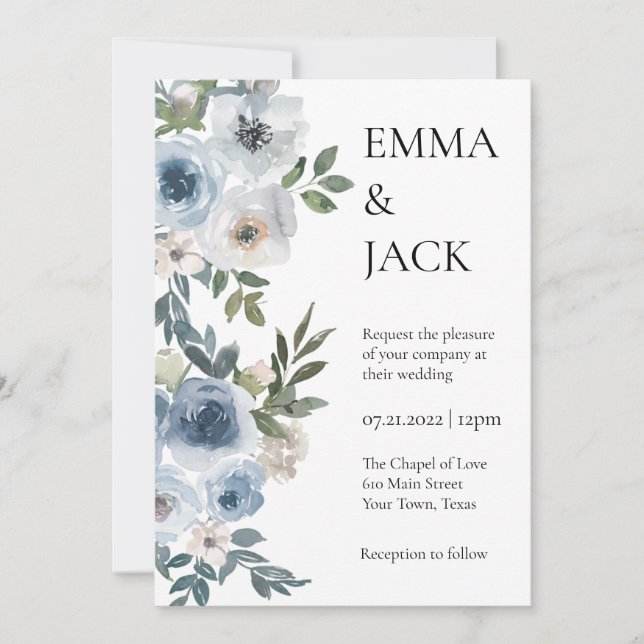Dusty Blue Floral Wedding Invitation (Front)