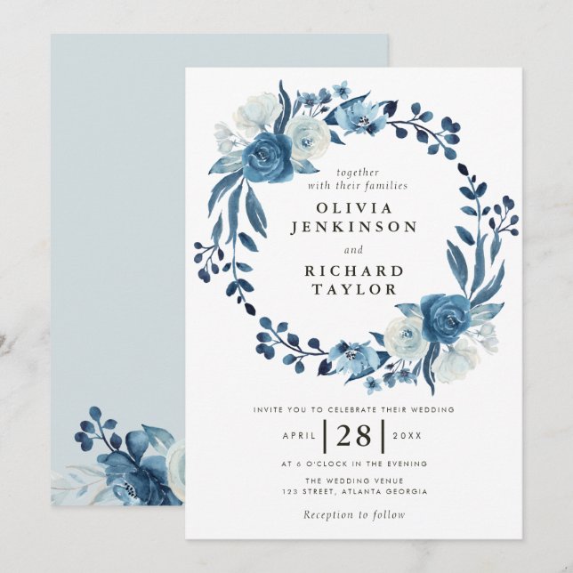Dusty blue floral wedding invitation (Front/Back)