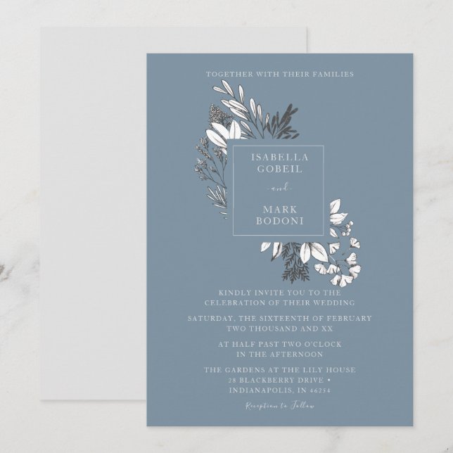 Dusty Blue Floral Wedding Invitation (Front/Back)