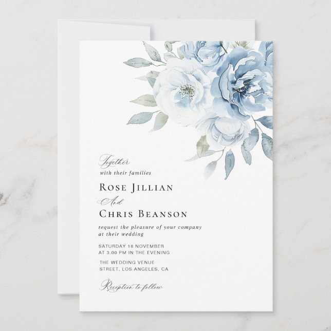 dusty blue floral wedding invitation (Front)