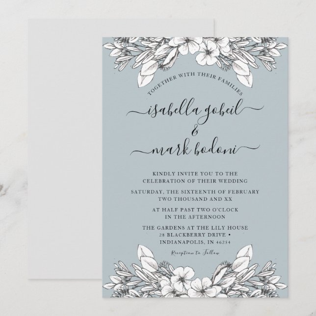 Dusty Blue Floral Wedding Invitation (Front/Back)
