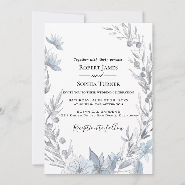 Dusty Blue floral Wedding Invitation (Front)