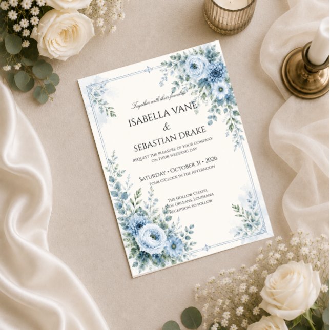Dusty Blue Floral Wedding Invitation (Creator Uploaded)