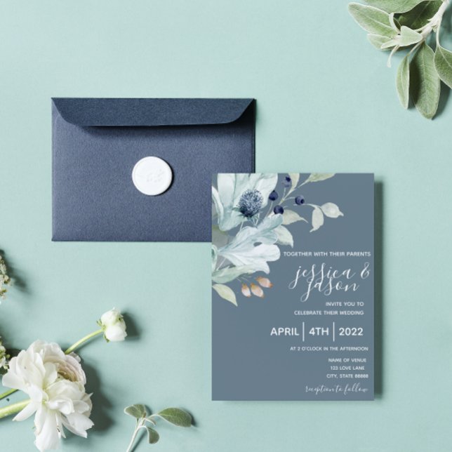 Dusty Blue Floral Wedding Invitation (Creator Uploaded)
